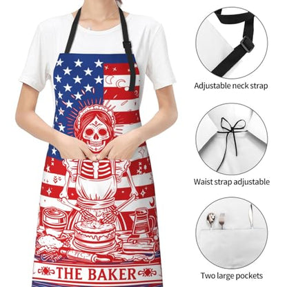 Funny Apron Polyester Grooming Aprons with Pocket for Cooking Kitchen Grilling Adults - color: Skull Women Red