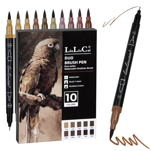 LIULIUCAI 10 Brown Dual Markers, Fine & Brush Tip Pen for Adult Coloring - color: 10 Brown