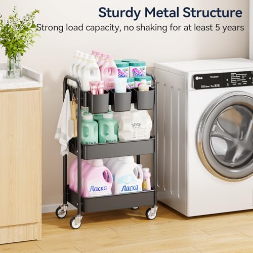 YASONIC 3 Tier Rolling Cart, Heavy Duty Metal Utility Cart with Wheel Black | Sturdy Rolling Storage Cart With Hooks & Hanging Cups, Great For Craft, Art Workspace, Kitchen ,Snack And Office Storage - color: Black