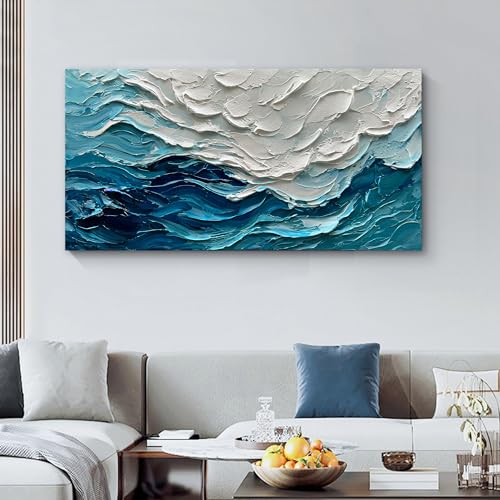 Art 24x48 inch Hand-Painted Blue Ocean Landscape Oil Painting Large Abstract Canvas Art Home Wall Decoration - color: Dn165