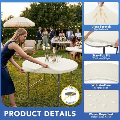 Round Fitted Tablecloth with Elastic-Spandex Table Covers 60 Inch Cream | 2 Pack Spandex Stretch Windproof Washable Round Folding Banquet Tablecloths 5ft-Party Event Outdoor Wedding Trade Show Dining - color: Cream, size: 60'' Round | 2 Pack