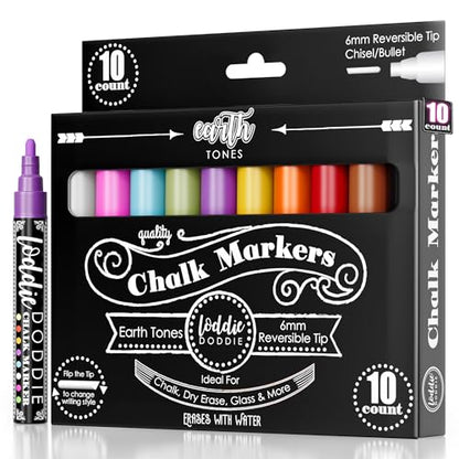 Loddie Doddie Liquid Chalk Markers, Window Markers, Earth Tones, 10 Pack | Flip from Fine to Broad Lines, For Classroom Displays & Home Offices, On Windows, Mirrors & Car Glass, Erasable Glass Markers - size: 1 Count (Pack of 10)