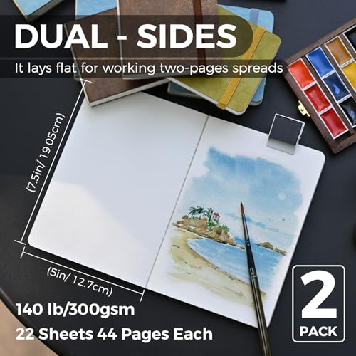Funto Watercolor Journal, 7.5x5, 2 Packs, 44 Pages Each, Cold-Pressed 100% Cotton, Pearlescent PU Leather Brown Cover, Art Supplies for Mixed Media - color: Brown, size: 7.5x5