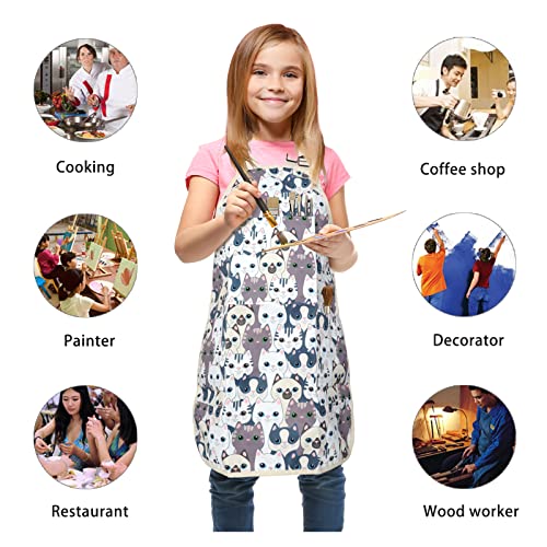 FreeNFond Kids Apron Adjustable Child Apron with 4 Pockets for Baking Painting - color: White Cat