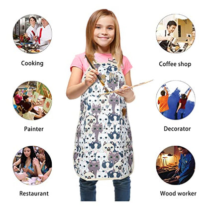 FreeNFond Kids Apron Adjustable Child Apron with 4 Pockets for Baking Painting - color: White Cat