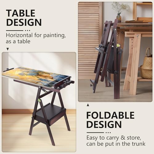 Beech Wood H-Frame Painting Easel with Storage Drawer, Walnut | Heavy-duty Studio Easel, Adjustable Height & Angle Floor Easel Stand, Holds 30"-50" Canvas, Foldable Artist Easel for Adults - color: Walnut