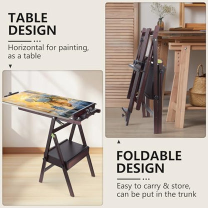 Beech Wood H-Frame Painting Easel with Storage Drawer, Walnut | Heavy-duty Studio Easel, Adjustable Height & Angle Floor Easel Stand, Holds 30"-50" Canvas, Foldable Artist Easel for Adults - color: Walnut