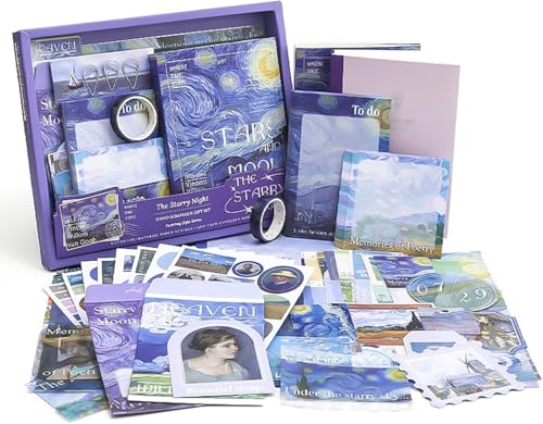 ATIRAMANIYA 346pcs Vintage Scrapbook Kit Aesthetic Junk Journal Set with Stickers, Washi Tape, A6 Notebook & Decorative Paper, All-in-One Scrapbook Kit Stationery (The Starry Night) - color: The Starry Night