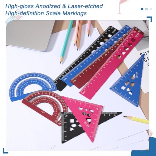 HARFINGTON 4pcs Triangular Ruler Set 20cm Aluminum Alloy Straight Geometric Protractor Triangle Engineering Scale Drafting Ruler Kit Measuring Drawing Tool for Classroom Office Home, Black - color: Black