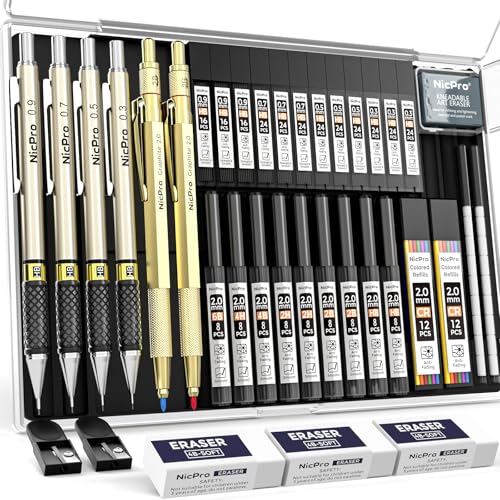 Nicpro 37PCS Gold Art Mechanical Pencil Set, 0.3/0.5/0.7/0.9/2mm Point - color: Gold, style: 0.3 0.5 0.7 0.9 2.0