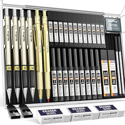 Nicpro 37PCS Gold Art Mechanical Pencil Set, 0.3/0.5/0.7/0.9/2mm Point - color: Gold, style: 0.3 0.5 0.7 0.9 2.0