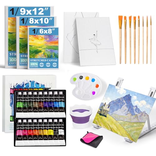 Acrylic Paint Set for Kids & Adults with Canvas, Easel & 18 Paints | 18 acrylic paints, 8 brushes, 5 canvas panels, and a portable easel for painting at home, school, or on the go - color: 18color+35pcs -02
