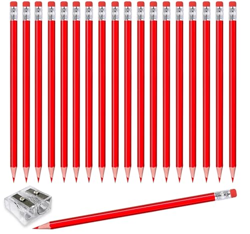 Adhere 25pcs Checking Pencils Erasable colored Pencils Pre-Sharpened #2 HB,for Checking Tests Grading,Map Coloring, editing Office Favors,including a Free sharpener. (Red) - color: Red