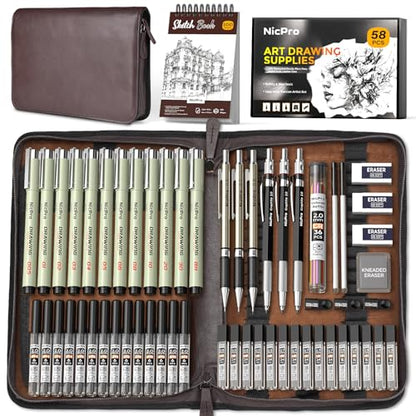 Nicpro 58PCS Art Drawing Supplies Kit, Leather Case, Art Supplies for Adult | Sketching Kit with 12 Micron Pen, 6 Art Mechanical Pencil Set 0.5-2mm, 100 Sheets Sketch Book, Best Gift for Artist Teen