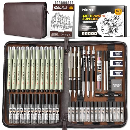 Nicpro 58PCS Art Drawing Supplies Kit, Leather Case, Art Supplies for Adult
