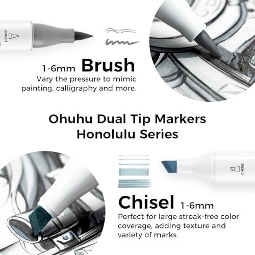 Ohuhu Alcohol Markers Brush Tip Grey-tone-Dual Tips Alcohol Based Art Marker Set for Artist Adults' Coloring Illustration Shading-36 Grayscale Colors w/ 1 Blender-Fine&Brush-Honolulu B (Chisel&Brush) | AP Certified Refillable Art Marker for Adults Colorin