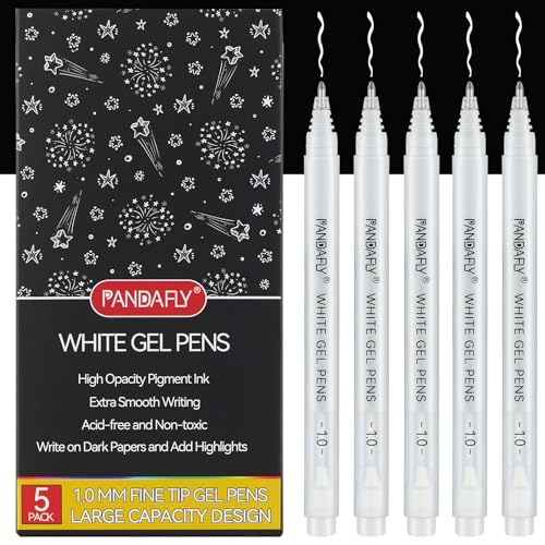 PANDAFLY White Gel Pens, 1mm Fine Point, 5 Pack | Opaque White Archival Ink Pens for Highlights, Black Paper Drawing, Sketching, Illustration, Card Making, Bullet Journaling - color: White