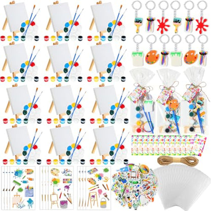HyDren 24 Sets Kids Art Paint Party Favors 4x4 Canvas Easel Acrylic Paint | Back to School Paint Palette Brush Sticker Puffy Sticker Keychains for Adults Summer Vbs Party Supplies
