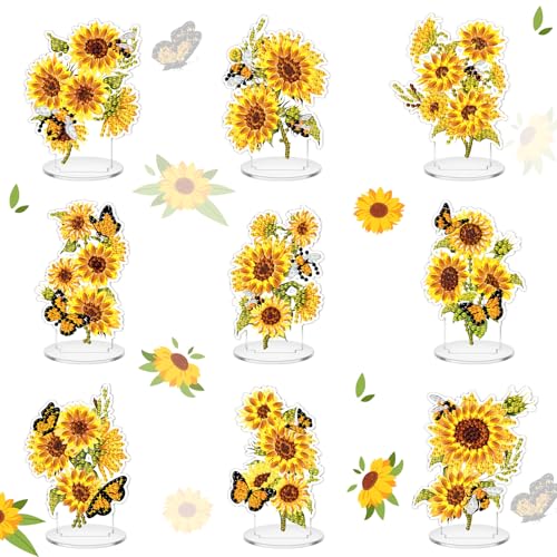 Kosiz 9 Pcs Sunflower Diamond Painting Tabletop Decoration, Double-sided Acrylic Sunflower Diamond Art Kit for Adult, DIY 5d Rhinestone Yellow Flower Centerpiece for Table Home Desk Decor Spring Gifts - style: Sunflower