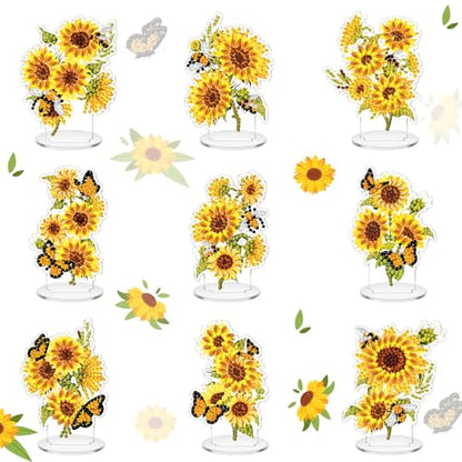 Kosiz 9 Pcs Sunflower Diamond Painting Tabletop Decoration, Double-sided Acrylic Sunflower Diamond Art Kit for Adult, DIY 5d Rhinestone Yellow Flower Centerpiece for Table Home Desk Decor Spring Gifts - style: Sunflower