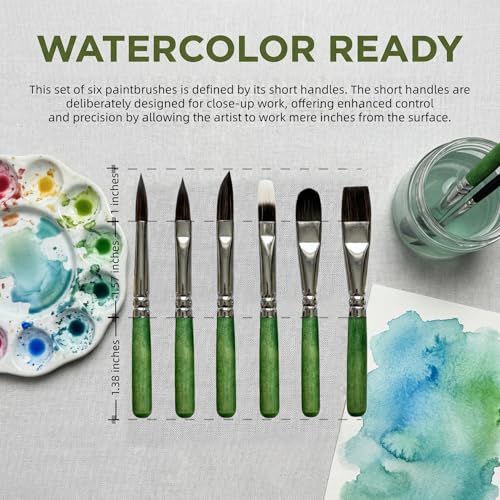 Short Handle Watercolor Brush Set,6-Piece Professional Paint Brushes for Detail Acrylic Painting,Synthetic Squirrel Travel Art Paintbrushes – Round,Dagger,Liner,Cat’s Tongue,Texture,Flat - color: Green