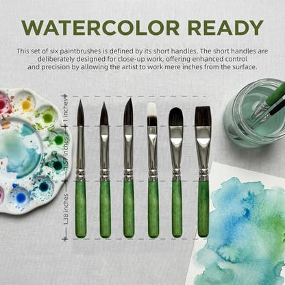 Short Handle Watercolor Brush Set,6-Piece Professional Paint Brushes for Detail Acrylic Painting,Synthetic Squirrel Travel Art Paintbrushes – Round,Dagger,Liner,Cat’s Tongue,Texture,Flat - color: Green
