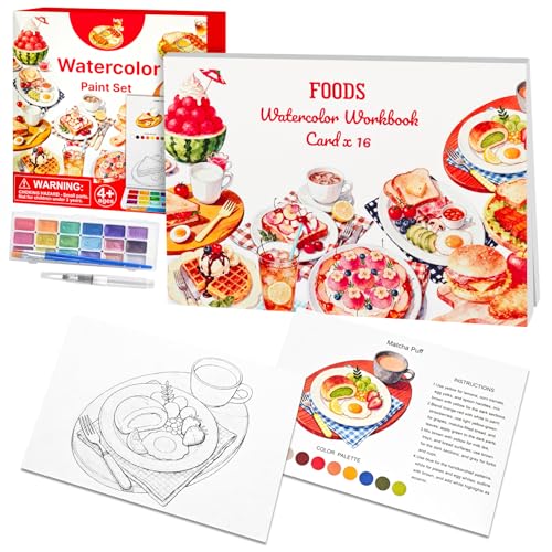 Beautiful Watercolor Book for Beginners, Water Coloring Book with 300GSM Paper, Glitters Colors Watercolor Paint Set with Brush, Watercolor Paint Book for Adults (Food) - color: Food