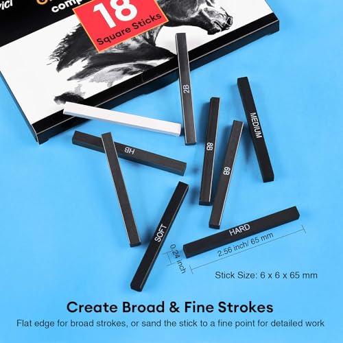 Dyvicl Compressed Graphite Charcoal Sticks, Black White Charcoal for Drawing, Sketching, Shading, Blending, Pack of 18 Charcoal Drawing Set for Beginners, Artists
