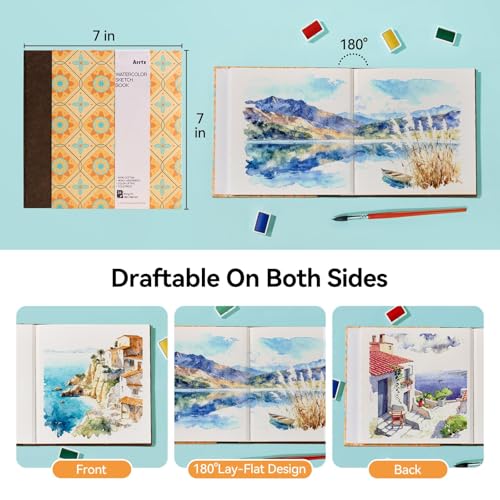 Arrtx Square Watercolor Sketchbook, 7.09" Cold Press | 140LB/300GSM, 100% Cotton, Hardcover, 24 Sheets. Ideal Travel Notebook for Artists, Adults, and Students - size: 7.09x7.09''