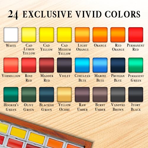 Pinturale Arts Watercolor Set Professional | 24 Richly Pigmented Colors (XL Pans) in Wooden Box | Artist Grade Watercolor Professional Paint Set