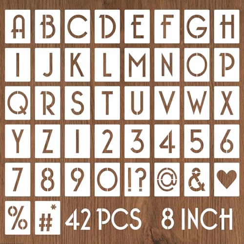 YEAJON 8 Inch Letter Stencils and Numbers, 42 Pcs Alphabet Drawing Stencils, Reusable Plastic Craft Templates for Painting on Wood, Wall, Fabric, Rock, Signage - size: 8 Inch