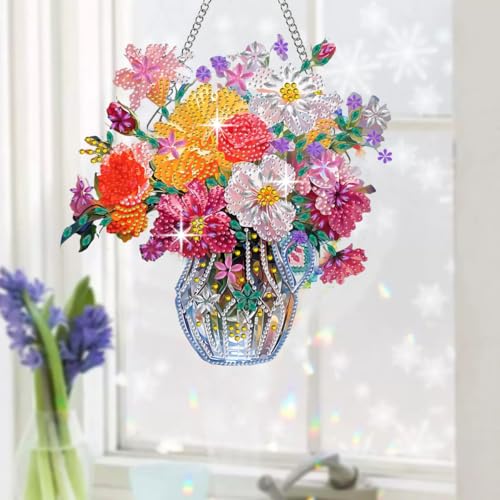 Muzagroo Art Flowers 5D Diamond Art Kit for Adults, DIY Special Shaped Diamond Art Hanging Ornament for Windows, Crystal Window Hanging Pendant Ornament 2PCS (Flower) - color: Flower