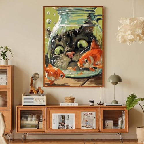 Fairyland JinWenn Curious Cat Fish Paint by Numbers Kit for Adults Framed Canvas Frameworkless - color: YH04413