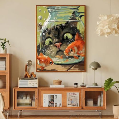 Fairyland JinWenn Curious Cat Fish Paint by Numbers Kit for Adults Framed Canvas Frameworkless - color: YH04413
