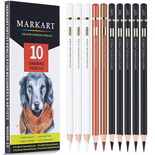 MARKART 10 Pack Professional Charcoal Pencils for Drawing | Black & White Charcoal Pencils for Sketching, Shading, Blending, Portrait, Pastel Chalk Pencils for Beginners & Artists