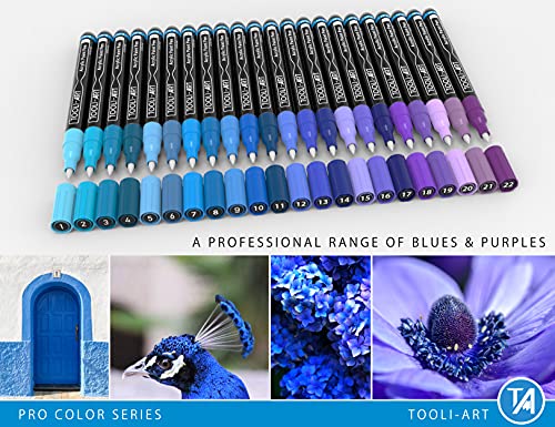 Acrylic Paint Pens 22 Blue & Purple Tones Assorted Pro Color Series Markers Set 0.7mm Extra Fine Tip for Rock Painting, Glass, Mugs, Wood, Metal, Canvas, Projects, Non Toxic, Waterbased, Quick Drying - color: BLUE XF