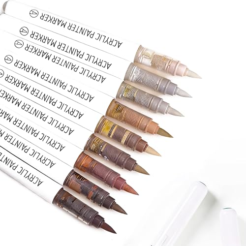 Acrylic Paint Markers,Solid Color Series 9 pcs Acrylic Paint Pens Set Brush Tip Acrylic Paint Pens for Artists Adults,for Rock Painting, Ceramic Mugs,Eggs,Canvas DIY Crafts（Brown） - color: Brown