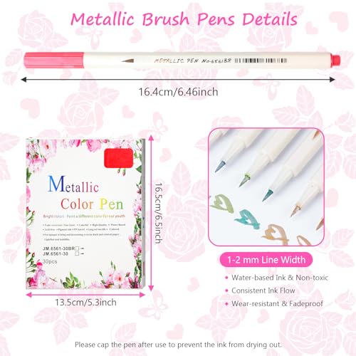 SAYEEC Metallic Brush Pens 30 Colors Art Metallic Markers Soft Brush Tip Calligraphy Paint Pens for Black Paper Rock Painting Lettering Card Making Glass Wood Canvas Plastic Stone Scrapbook Crafts - color: 30 Colors Brush Tip