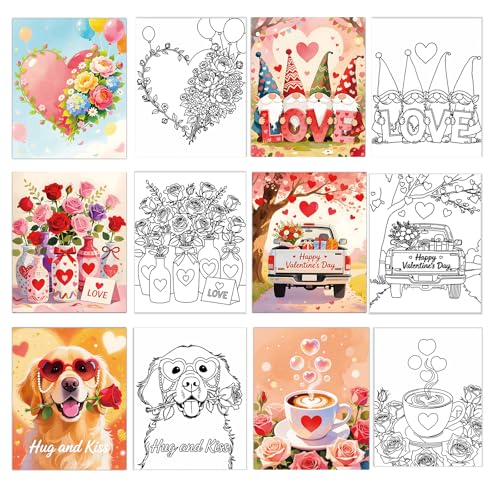 Niteform 6 Packs Valentine's Day Pre Drawn Canvas to Paint， 8x10 in Pre Printed Canvas Boards, Pre Stretched Outline Painting Kits for Beginners, Adults, Party Favors & Romantic Craft Activities - style: 8*10-valentine
