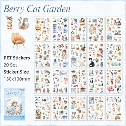 Cat Series Sticker Scrapbooking Supplies for Junk Journal, 20 Sheets PET Stickers - color: Cat Series