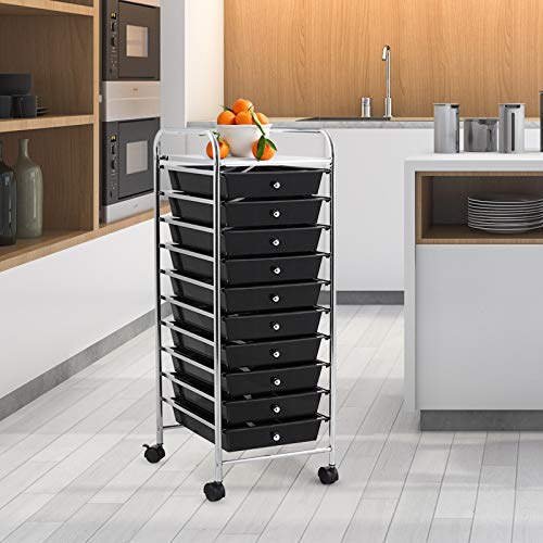 Happygrill 10-Drawer Storage Cart, Utility Cart with Removable Drawers & Metal Frame, Rolling Storage Cart with Lockable Wheels for Home, Office, Black - color: Black