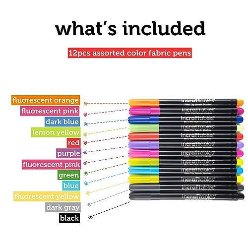 Incraftables Fabric Markers - 12 Pack Permanent Non-Bleed Markers for Clothes, Kids Crafts, Canvas Tote Bags, Quilting, & More - Vibrant Fabric Paint Pens - style: Fabric Marker