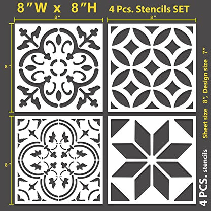 STENCILOGY® / 4 pcs. 8 x 8 Inches/Tile Stencil Set, Reusable Tile Stencils Set for Painting, Furniture, Floor/Household Paint Wall Stencils (8x8 inches) - size: 8x8 inches
