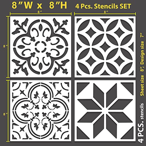STENCILOGY® / 4 pcs. 8 x 8 Inches/Tile Stencil Set, Reusable Tile Stencils Set for Painting, Furniture, Floor/Household Paint Wall Stencils (8x8 inches) - size: 8x8 inches