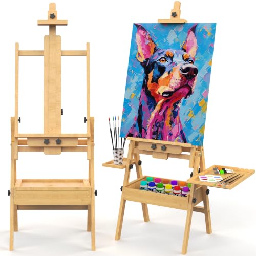 Solid Beech Wood H-Frame Easel with 2 Palette and Storage - color: Natural Wood