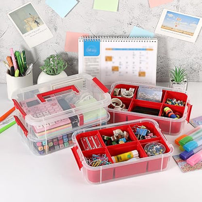 JUXYES 4-Tiers Plastic Stack Carry Storage Containers Box wih Handle Lids - color: Red