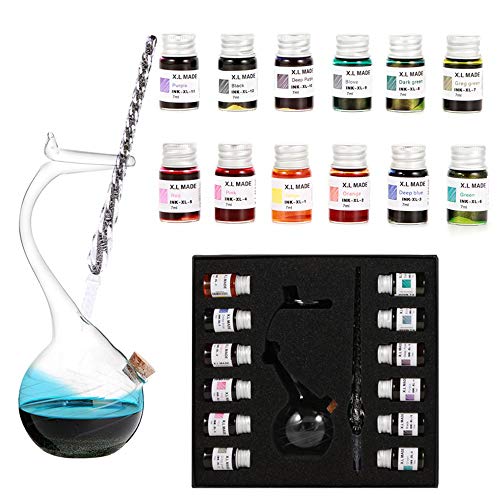 Thyggzjbs Handmade High Borosilicate Glass Glass Dip Pen Ink Set-Crystal Pen with 12 Colorful Inks for Art, Writing, Signatures, Calligraphy, Decoration, Gift - color: Black