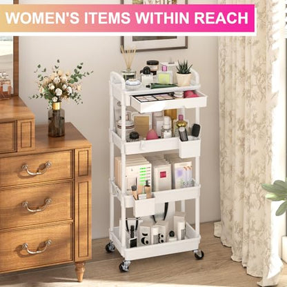 Goovilla 4 Tier Rolling Utility Cart Organizer with Removable Drawer, White | Stable and Sturdy Rolling Storage Carts with 2 Lockable Wheels for Bathroom, Kitchen, Snack, Craft, Makeup, Baby Essentials - size: 4 Tier, style: White