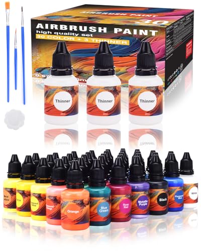 Gocheer Airbrush Paint - 30 Colors with 3 Thinner & 3 Metallic Colors, Ready to Spray Airbrush Paint Set, Water-Based Acrylic Air Brush Paints for Metal, Plastic Models, Canvas, Wood - 36 Bottles