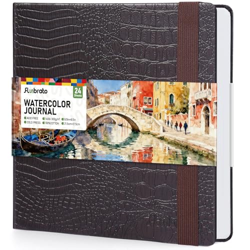 Watercolor Journal 8.5"x8.5" - 100% Cotton, 24 Sheets 48 Pages, 140LB/300GSM Cold Press, with Inner Pocket and Wide Elastic Band - Perfect for Watercolor, Gouache, Acrylic, Ink & Mixed Media - color: Dark Blown